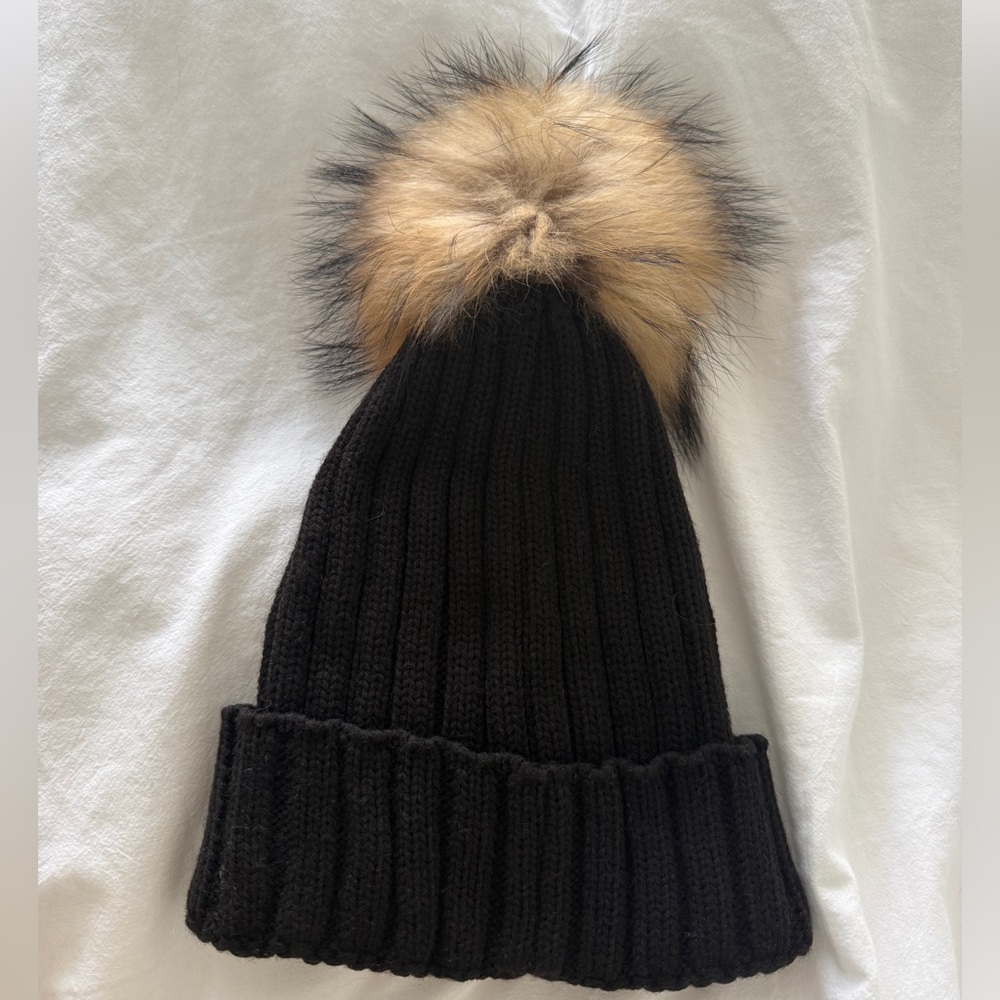 Moncler Black Beanie with Tan Fur Pom - Picture 2 of 6